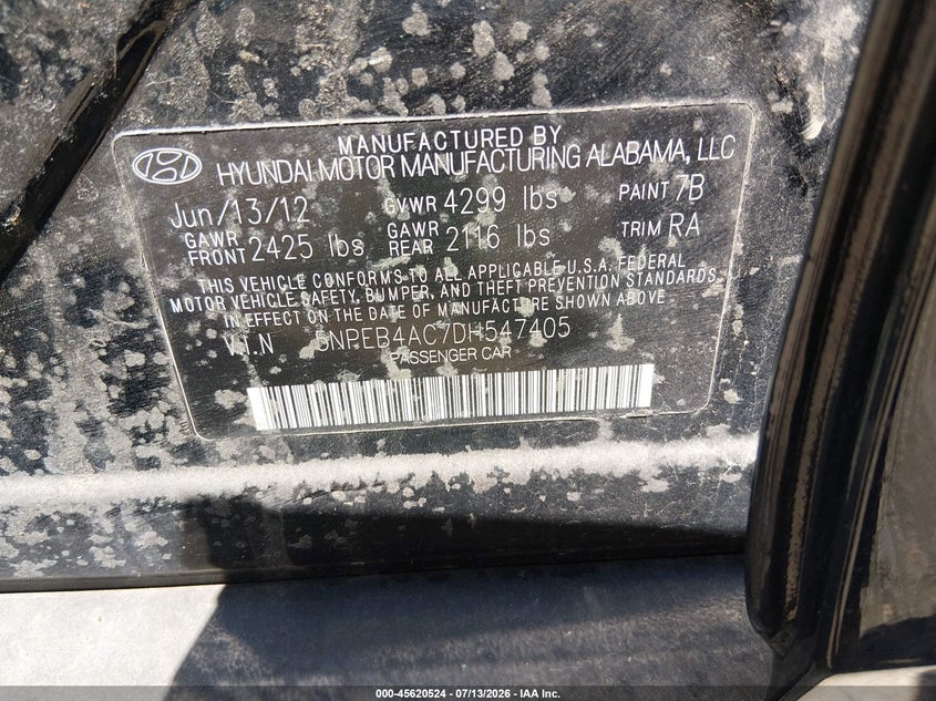 2013 Hyundai Sonata VIN 5NPEB4AC7DH547405 IAAI salvage auction — NORMAL WEAR, Clear (Indiana), sold $25 on 2026-07-19 (photo 9)