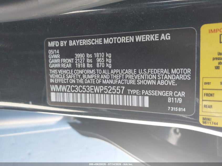 2014 Mini Countryman VIN WMWZC3C53EWP52557 IAAI salvage auction — NORMAL WEAR, Clear - Dealer Only (California), sold $1,350 on 2026-07-20 (photo 9)