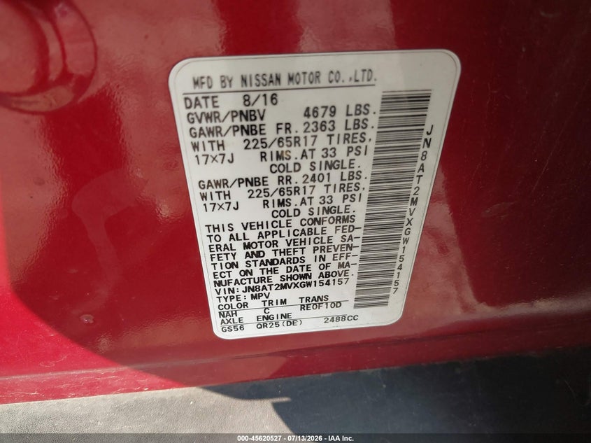 2016 Nissan Rogue VIN JN8AT2MVXGW154157 IAAI salvage auction — NORMAL WEAR, Clear (Pennsylvania), sold $1,350 on 2026-07-24 (photo 9)
