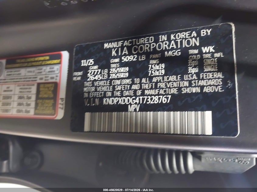 2026 Kia Sportage VIN KNDPXDDG4T7328767 IAAI salvage auction — ROLLOVER, Salvage Title, sold $7,600 on 2026-08-20 (photo 9)