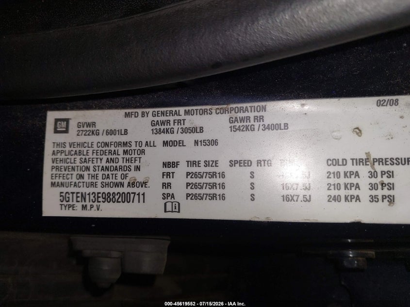 2008 Hummer H3 VIN 5GTEN13E988200711 IAAI salvage auction — NORMAL WEAR, Clear (Pennsylvania), sold $400 on 2026-07-30 (photo 9)