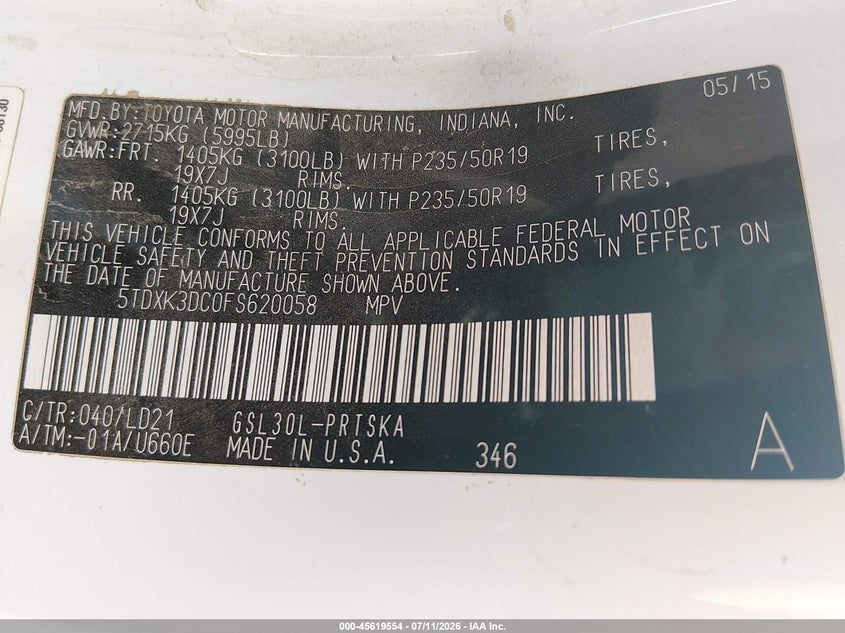 2015 Toyota Sienna VIN 5TDXK3DC0FS620058 IAAI salvage auction — NORMAL WEAR, Clear (Kansas), sold $4,625 on 2026-07-29 (photo 9)