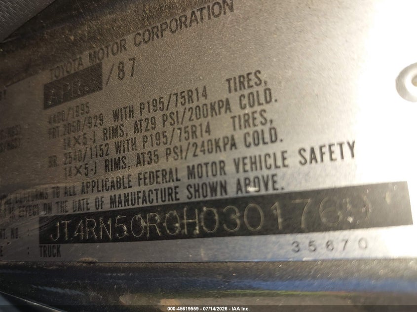 1987 Toyota Pickup VIN JT4RN50R0H0301769 IAAI salvage auction — NORMAL WEAR, Clear - Dealer Only (California), sold $1,350 on 2026-07-21 (photo 9)