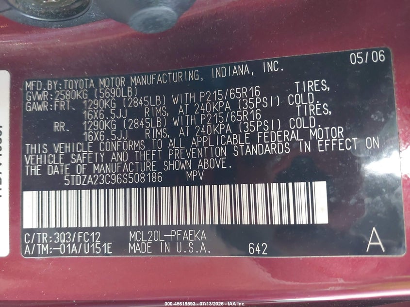 2006 Toyota Sienna VIN 5TDZA23C96S508186 IAAI salvage auction — NORMAL WEAR, Clear (Tennessee), sold $950 on 2026-07-30 (photo 9)