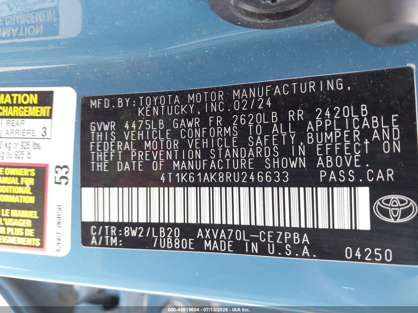 2024 Toyota Camry VIN 4T1K61AK8RU246633 IAAI salvage auction — FRONT END, Salvage Title, sold $21,200 on 2026-07-18 (photo 9)
