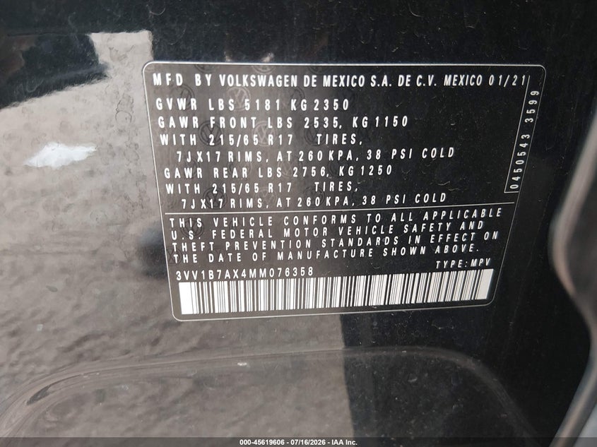 2021 Volkswagen Tiguan VIN 3VV1B7AX4MM076358 IAAI salvage auction — FRONT END, Salvage Title, sold $3,775 on 2026-08-22 (photo 9)