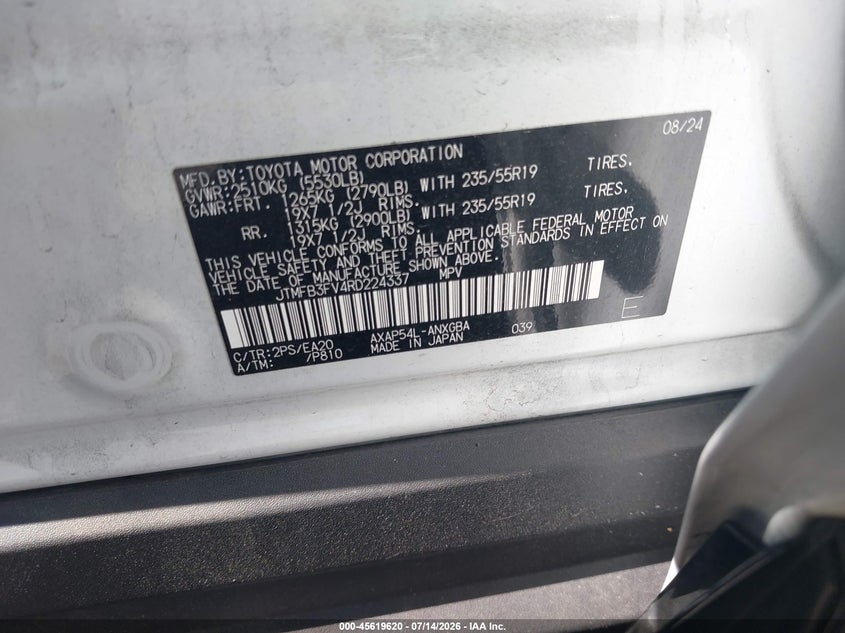2024 Toyota Rav 4 VIN JTMFB3FV4RD224337 IAAI salvage auction — LEFT SIDE, Salvage Title, sold $12,600 on 2026-07-28 (photo 9)