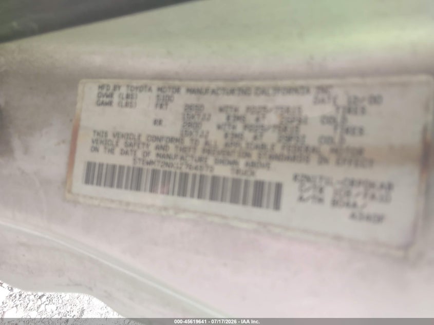 2001 Toyota Tacoma VIN 5TEWM72NX1Z764973 IAAI salvage auction — NORMAL WEAR, Clear (New York), sold $1,600 on 2026-07-28 (photo 9)