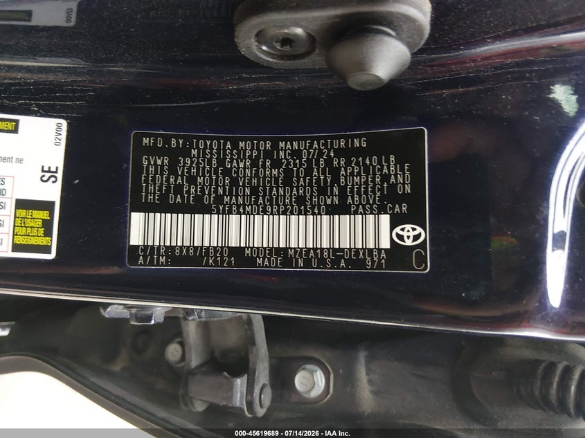 2024 Toyota Corolla VIN 5YFB4MDE9RP201540 IAAI salvage auction — RIGHT FRONT, Clear, sold $575 on 2026-07-21 (photo 9)