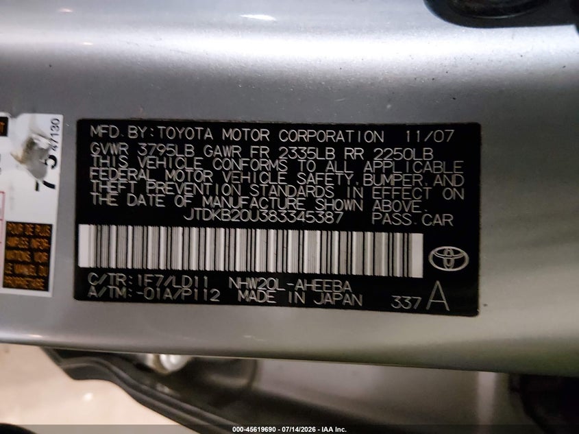 2008 Toyota Prius VIN JTDKB20U383345387 IAAI salvage auction — NORMAL WEAR, Clear (Minnesota), sold $375 on 2026-07-29 (photo 9)