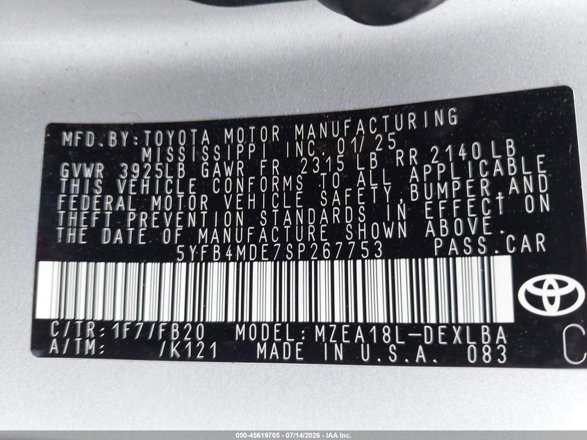 2025 Toyota Corolla VIN 5YFB4MDE7SP267753 IAAI salvage auction — RIGHT SIDE, Salvage Title, sold $12,100 on 2026-07-21 (photo 9)
