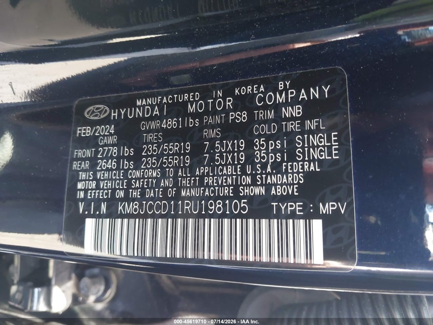 2024 Hyundai Tucson VIN KM8JCCD11RU198105 IAAI salvage auction — RIGHT SIDE, Salvage Certificate (California), sold $5,200 on 2026-07-24 (photo 9)