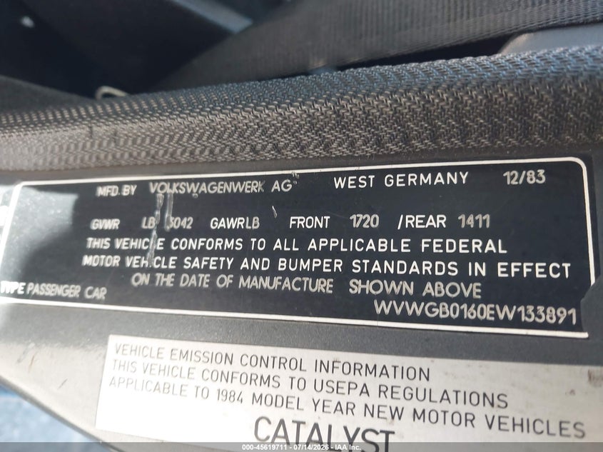 1984 Volkswagen Jetta VIN WVWGB0160EW133891 IAAI salvage auction — FRONT & REAR, Salvage (California), sold $150 on 2026-08-10 (photo 9)