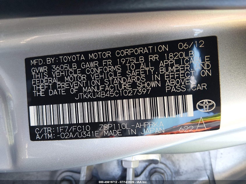 2012 Scion Xd VIN JTKKU4B45C1027397 IAAI salvage auction — NORMAL WEAR, App For Dup Clear (California), sold $225 on 2026-07-29 (photo 9)