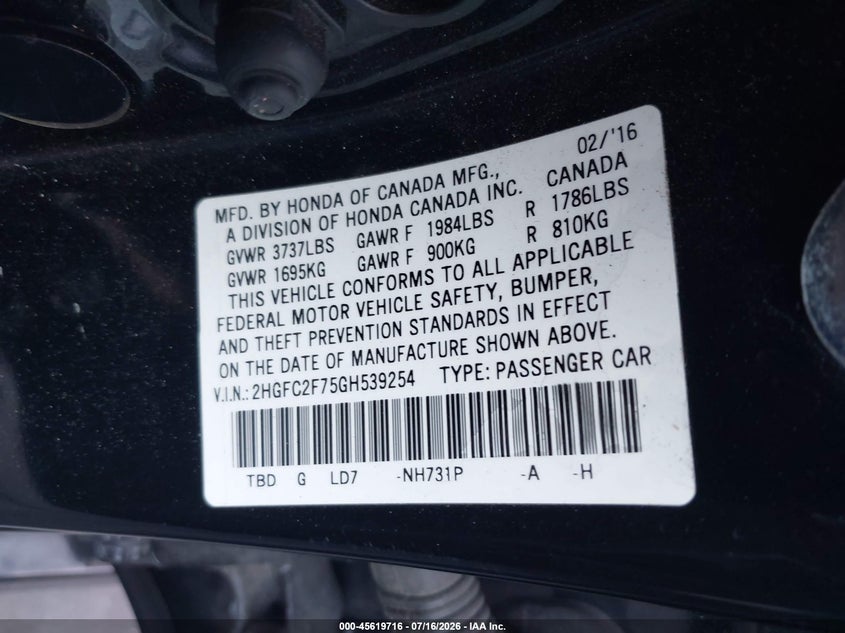 2016 Honda Civic VIN 2HGFC2F75GH539254 IAAI salvage auction — FRONT & REAR, Salvage Certificate (California), sold $1,950 on 2026-07-26 (photo 9)