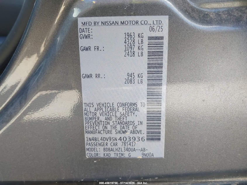 2025 Nissan Altima VIN 1N4BL4DV9SN403936 IAAI salvage auction — FRONT END, Salvage Title, sold $9,300 on 2026-07-18 (photo 9)
