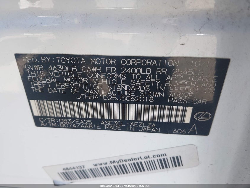 2018 Lexus Is VIN JTHBA1D25J5062018 IAAI salvage auction — SIDE, Salvage Title, sold $6,600 on 2026-07-25 (photo 9)