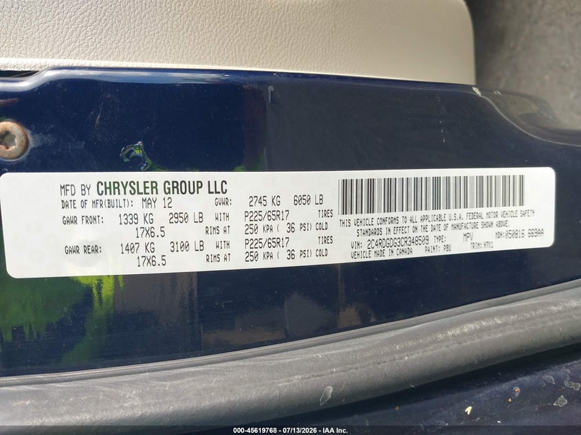 2012 Dodge Caravan VIN 2C4RDGDG3CR348509 IAAI salvage auction — NORMAL WEAR, Clear (Hawaii), sold $25 on 2026-07-21 (photo 9)