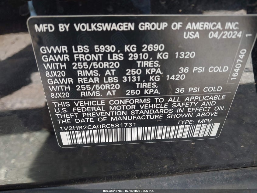 2024 Volkswagen Atlas VIN 1V2HR2CA0RC581731 IAAI salvage auction — ENGINE DAMAGE, Enterprise Vehicles Clear Only (Minnesota), sold $16,000 on 2026-07-28 (photo 9)
