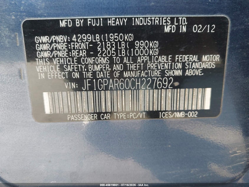 2012 Subaru Impreza VIN JF1GPAR60CH227692 IAAI salvage auction — NORMAL WEAR, Original (Maine), sold $25 on 2026-07-27 (photo 9)
