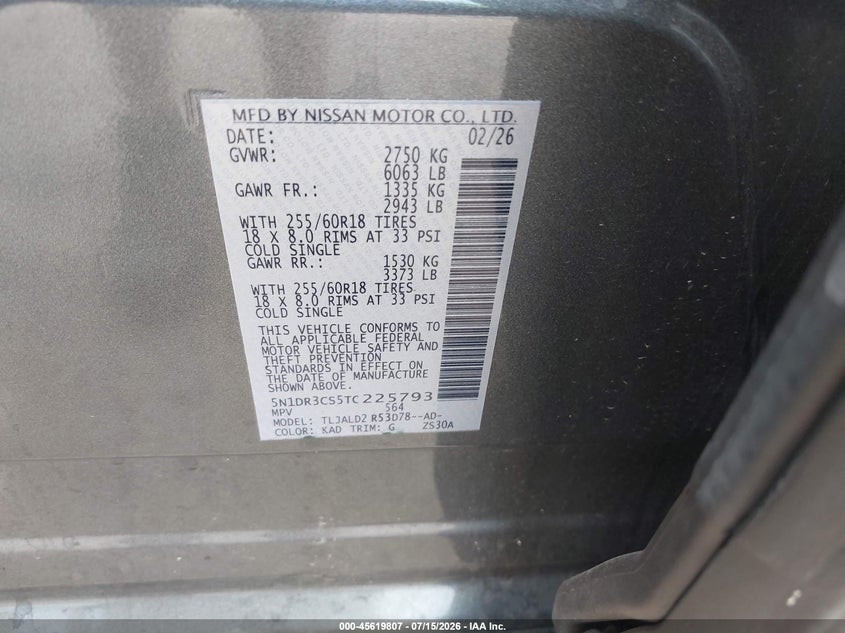 2026 Nissan Pathfinder VIN 5N1DR3CS5TC225793 IAAI salvage auction — UNKNOWN, Enterprise Vehicles Clear Only (Georgia), sold $10,600 on 2026-07-18 (photo 9)
