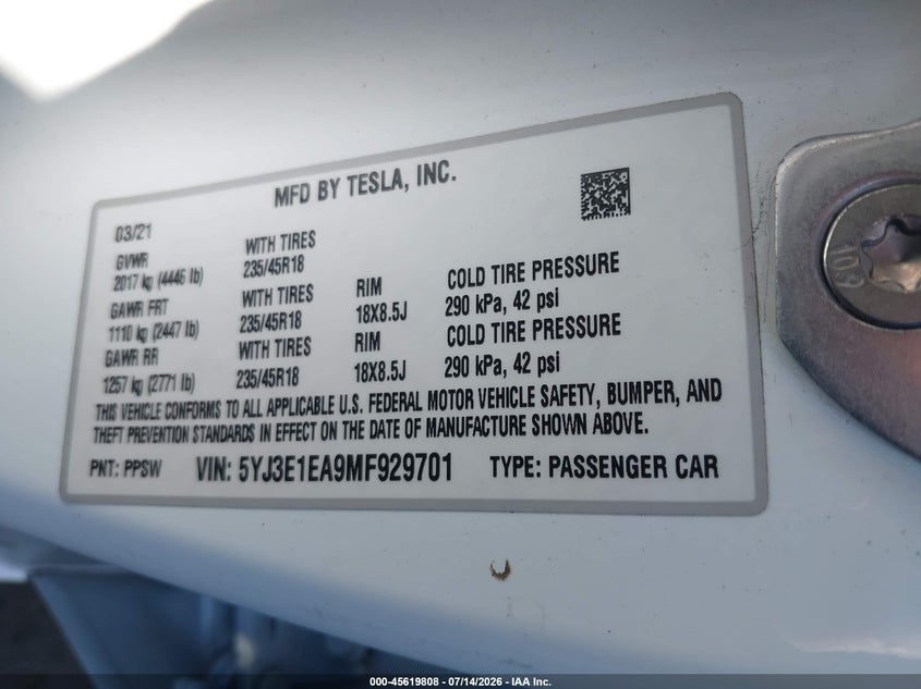 2021 Tesla Model 3 VIN 5YJ3E1EA9MF929701 IAAI salvage auction — LEFT FRONT, Wait Title, sold $5,800 on 2026-08-21 (photo 9)