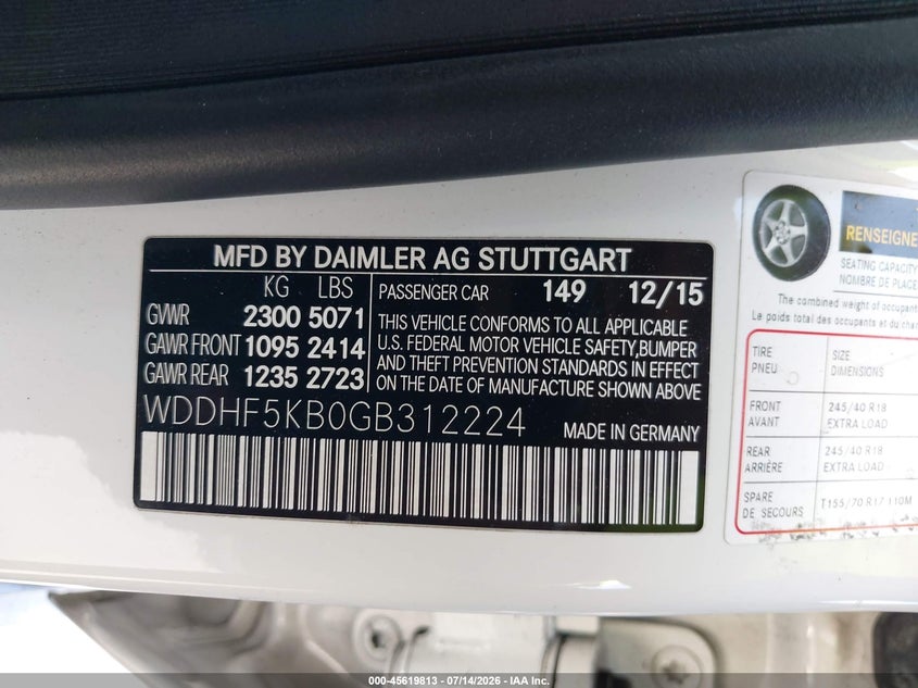 2016 Mercedes-benz E-klasse VIN WDDHF5KB0GB312224 IAAI salvage auction — REAR END, Salvage Title, sold $4,050 on 2026-08-19 (photo 9)