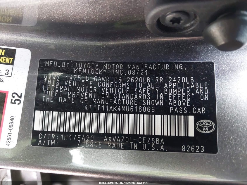 2021 Toyota Camry VIN 4T1T11AK4MU616066 IAAI salvage auction — SIDE, Salvage Title, sold $7,700 on 2026-07-31 (photo 9)