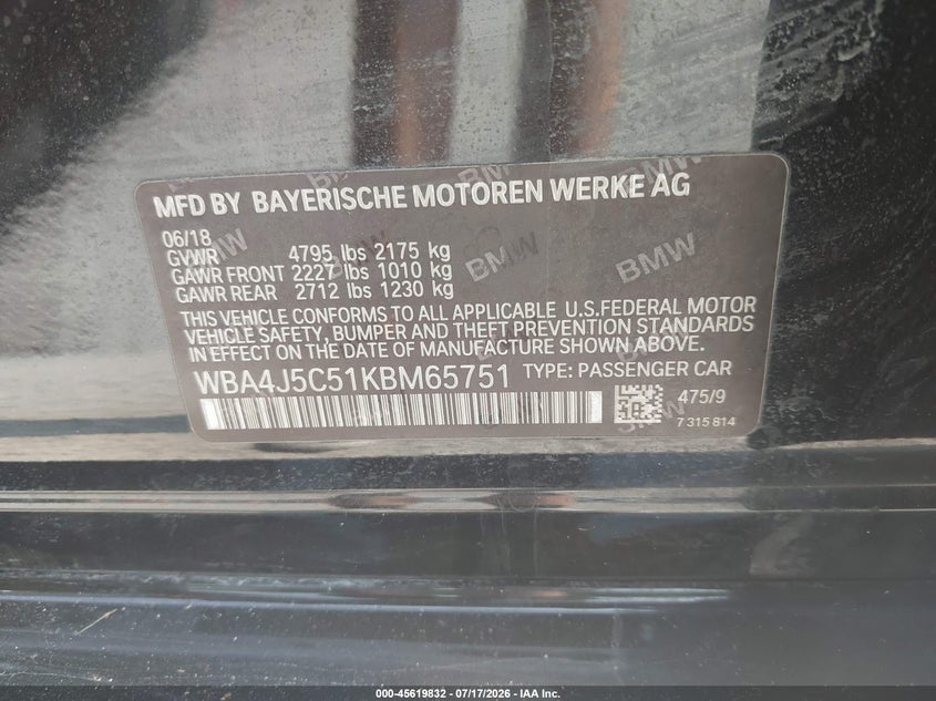 2019 BMW 4er VIN WBA4J5C51KBM65751 IAAI salvage auction — FRONT END, Salvage Title, sold $4,100 on 2026-08-21 (photo 9)