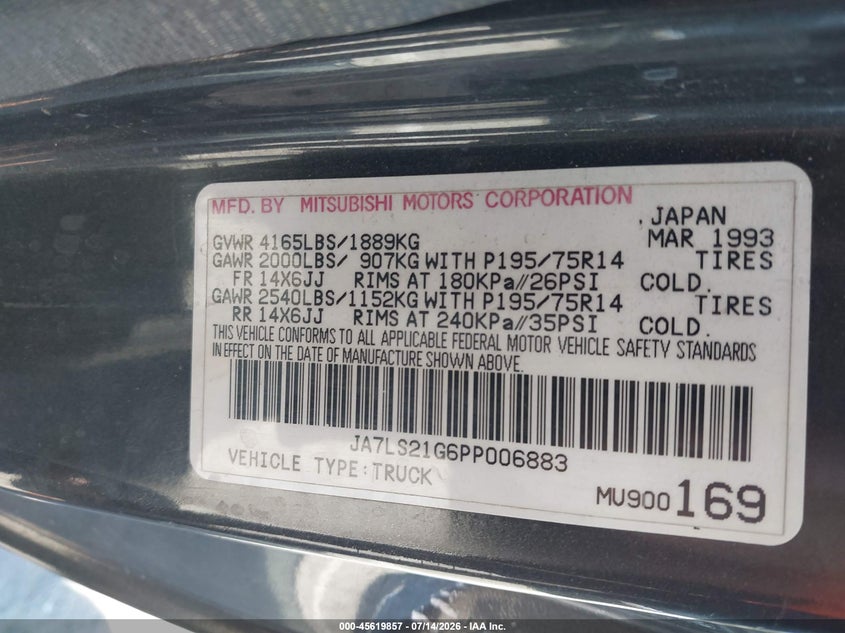 1993 Mitsubishi Mighty max / s VIN JA7LS21G6PP006883 IAAI salvage auction — UNKNOWN, Salvage (California), sold $450 on 2026-07-23 (photo 9)