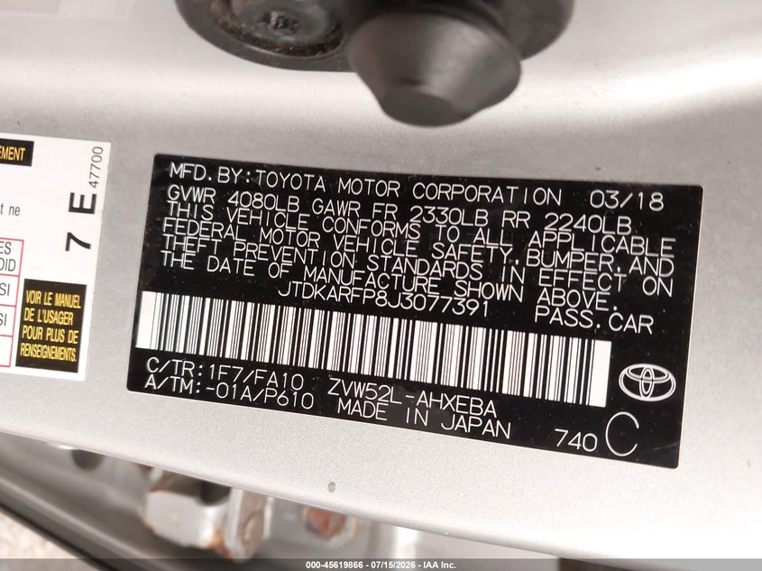 2018 Toyota Prius VIN JTDKARFP8J3077391 IAAI salvage auction — LEFT REAR, Mv-907A (New York), sold $25 on 2026-07-21 (photo 9)