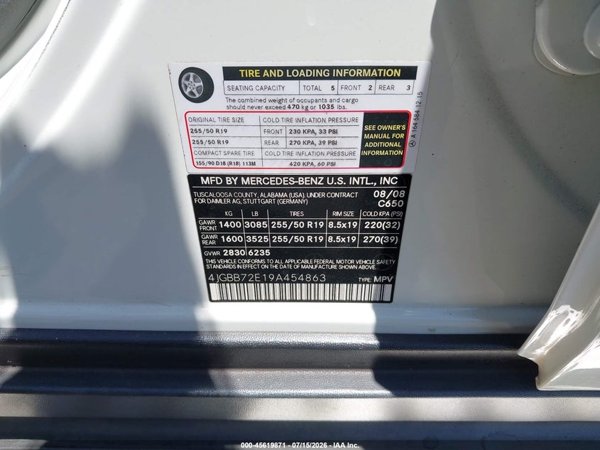 2009 Mercedes-benz Ml-class VIN 4JGBB72E19A454863 IAAI salvage auction — REAR END, Salvage Certificate (California), sold $3,150 on 2026-07-31 (photo 9)