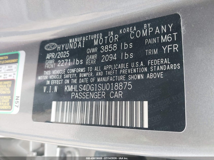 2025 Hyundai Elantra VIN KMHLS4DG1SU018875 IAAI salvage auction — FRONT END, Enterprise Veh. Bill Of Sale -Parts Only (Washington), sold $3,250 on 2026-07-15 (photo 9)