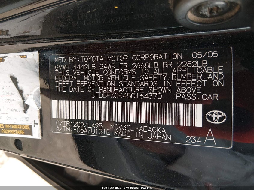 2005 Toyota Camry VIN JTDBF30K450164370 IAAI salvage auction — NORMAL WEAR, Clear-Dealer Only (Arizona), sold $475 on 2026-07-28 (photo 9)