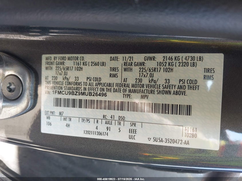 2021 Ford Escape VIN 1FMCU9BZ9MUB26496 IAAI salvage auction — FRONT END, Salvage Title, sold $2,900 on 2026-08-15 (photo 9)