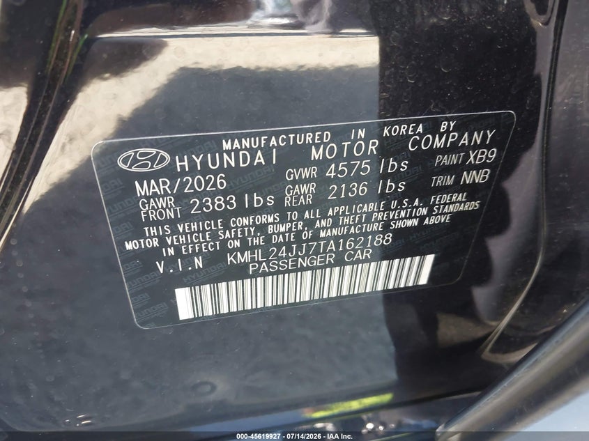 2026 Hyundai Sonata hybrid VIN KMHL24JJ7TA162188 IAAI salvage auction — RIGHT SIDE, Enterprise Vehicles Clear Only (Washington), sold $16,700 on 2026-07-15 (photo 9)