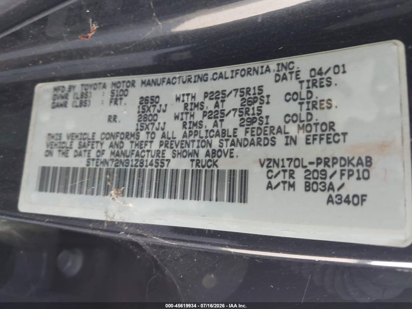 2001 Toyota Tacoma VIN 5TEHN72N91Z814557 IAAI salvage auction — NORMAL WEAR, Clear - Dealer Only (California), sold $5,200 on 2026-07-20 (photo 9)