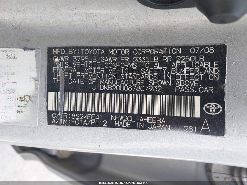2008 Toyota Prius VIN JTDKB20U087807932 IAAI salvage auction — NORMAL WEAR, Clear (Georgia), sold $275 on 2026-07-29 (photo 9)