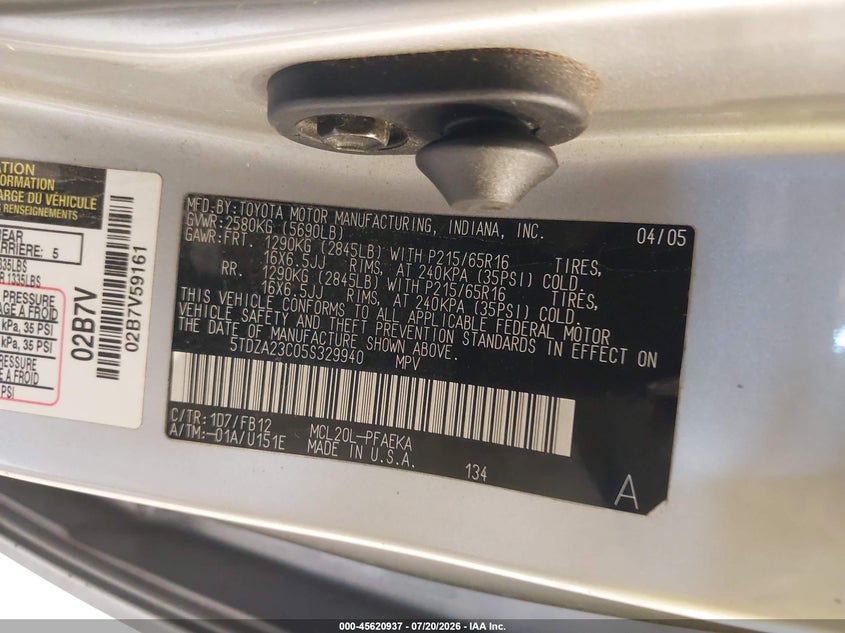 2005 Toyota Sienna VIN 5TDZA23C05S329940 IAAI salvage auction — NORMAL WEAR, Clear (Utah), sold $350 on 2026-07-29 (photo 9)