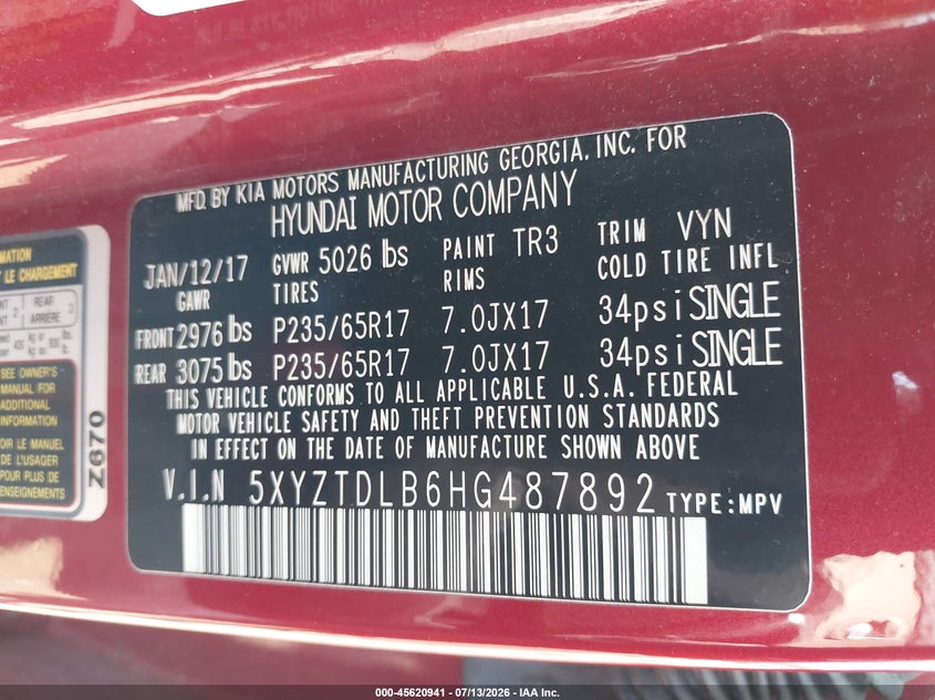 2017 Hyundai Santa fe VIN 5XYZTDLB6HG487892 IAAI salvage auction — NORMAL WEAR, Clear (Pennsylvania), sold $2,000 on 2026-07-24 (photo 9)