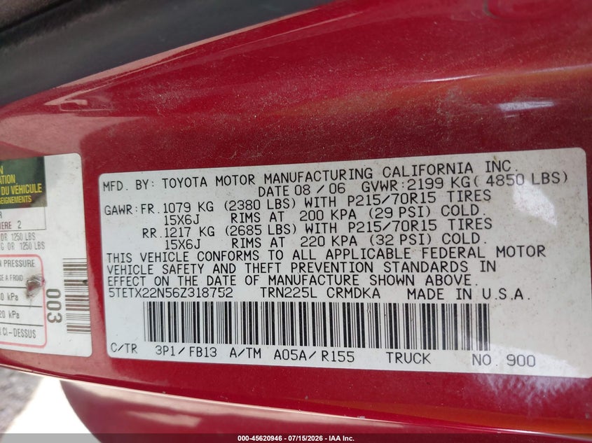 2006 Toyota Tacoma VIN 5TETX22N56Z318752 IAAI salvage auction — NORMAL WEAR, Clear (Wisconsin), sold $525 on 2026-07-28 (photo 9)