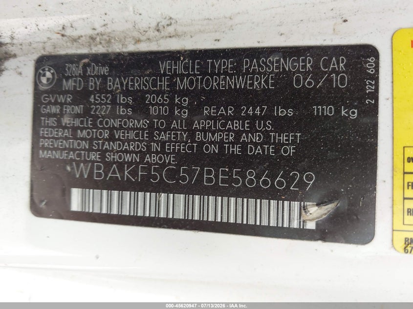2011 BMW 3 series VIN WBAKF5C57BE586629 IAAI salvage auction — NORMAL WEAR, Clear - Dealer Only (California), sold $575 on 2026-07-30 (photo 9)