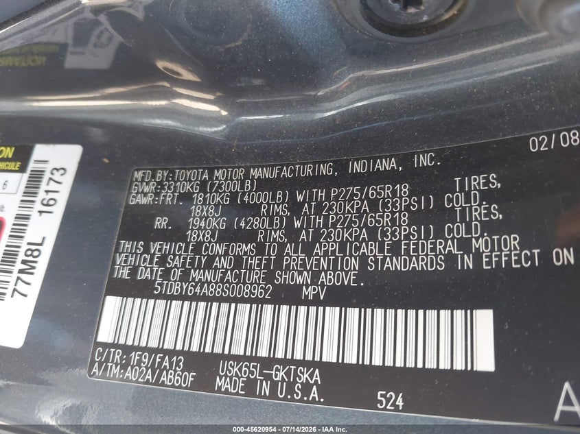 2008 Toyota Sequoia VIN 5TDBY64A88S008962 IAAI salvage auction — NORMAL WEAR, Clear - Dealer Only (California), sold $3,150 on 2026-07-22 (photo 9)