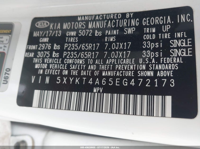 2014 Kia Sorento VIN 5XYKT4A65EG472173 IAAI salvage auction — NORMAL WEAR, Clear-Dealer Only (Montana), sold $250 on 2026-07-28 (photo 9)