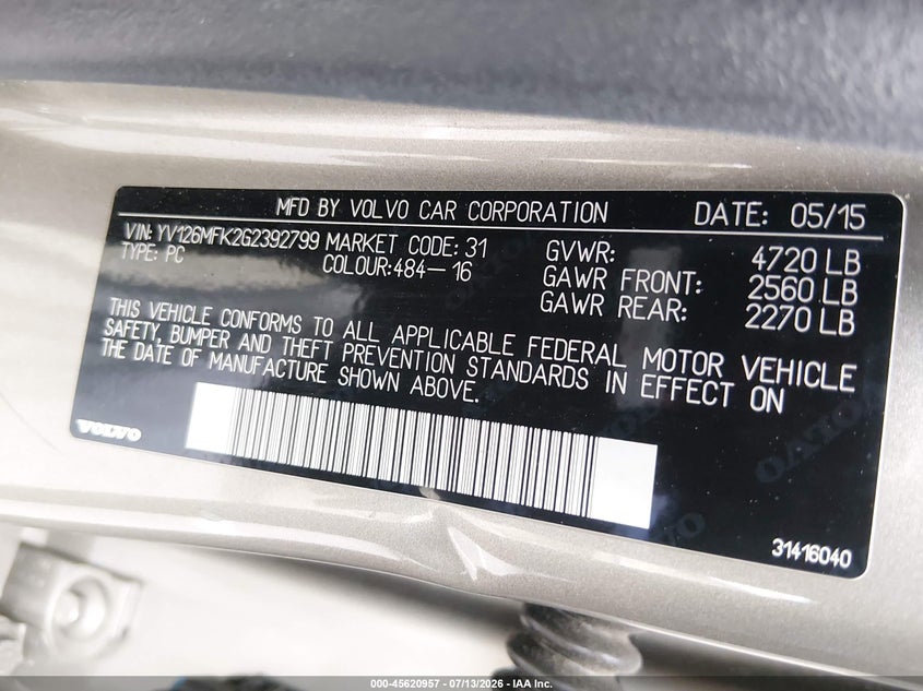 2016 Volvo S60 VIN YV126MFK2G2392799 IAAI salvage auction — NORMAL WEAR, Clear (California), sold $25 on 2026-07-24 (photo 9)