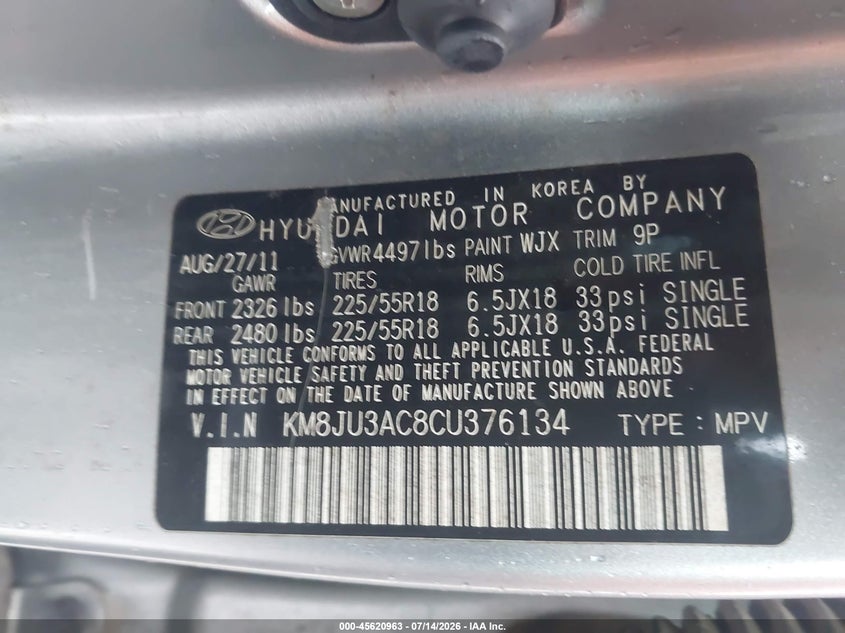 2012 Hyundai Tucson VIN KM8JU3AC8CU376134 IAAI salvage auction — NORMAL WEAR, Original (Texas), sold $1,750 on 2026-07-22 (photo 9)
