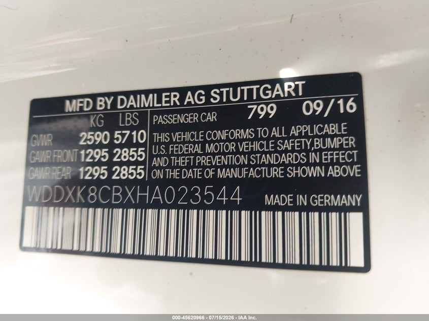 2017 Mercedes-benz S-klasse VIN WDDXK8CBXHA023544 IAAI salvage auction — WATER/FLOOD, Certificate Of Destruction (Louisiana), sold $13,300 on 2026-08-12 (photo 9)