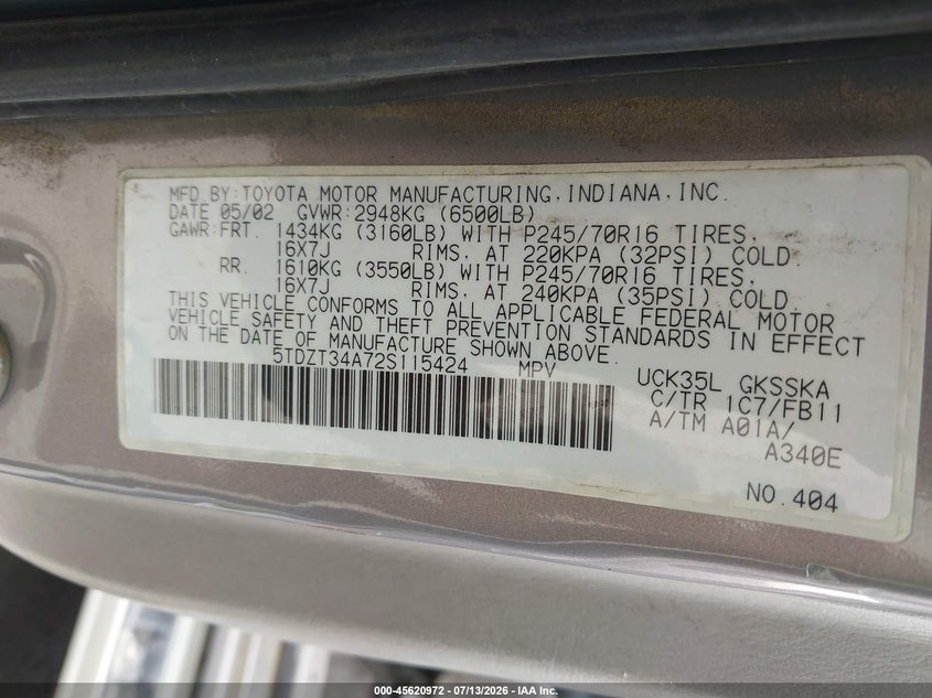 2002 Toyota Sequoia VIN 5TDZT34A72S115424 IAAI salvage auction — NORMAL WEAR, Clear - Dealer Only (California), sold $25 on 2026-07-29 (photo 9)