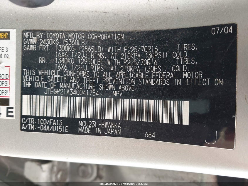 2004 Toyota Highlander VIN JTEGP21A340041754 IAAI salvage auction — NORMAL WEAR, Clear - Dealer Only (California), sold $300 on 2026-07-18 (photo 9)