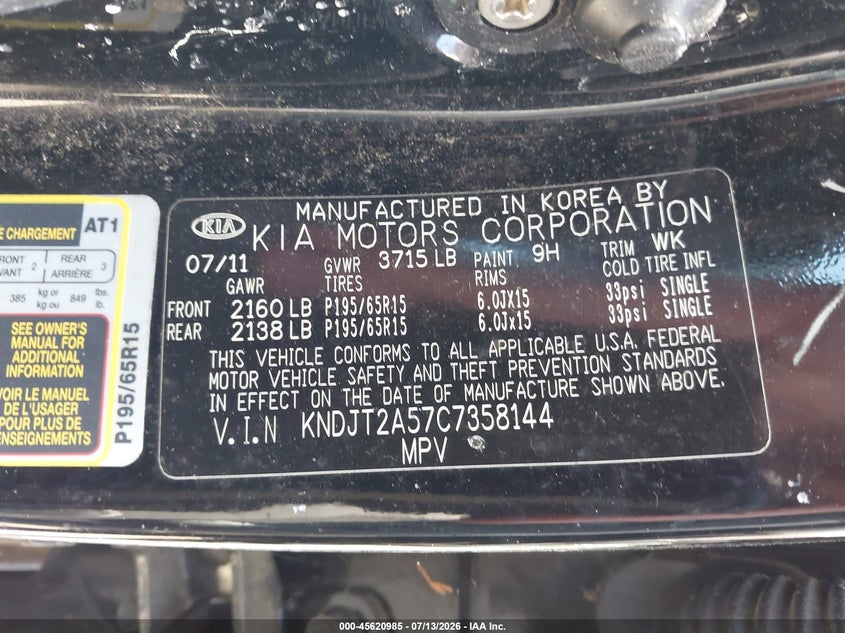 2012 Kia Soul VIN KNDJT2A57C7358144 IAAI salvage auction — NORMAL WEAR, Clear (Washington), sold $375 on 2026-07-29 (photo 9)